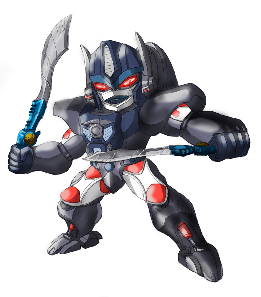 1boy 90s artist_request beast_wars full_body glowing glowing_eyes gorilla hands holding holding_sword holding_weapon looking_at_viewer machine machinery maximal mecha no_humans oldschool optimus_primal personification red_eyes robot simple_background solo sword transformers weapon