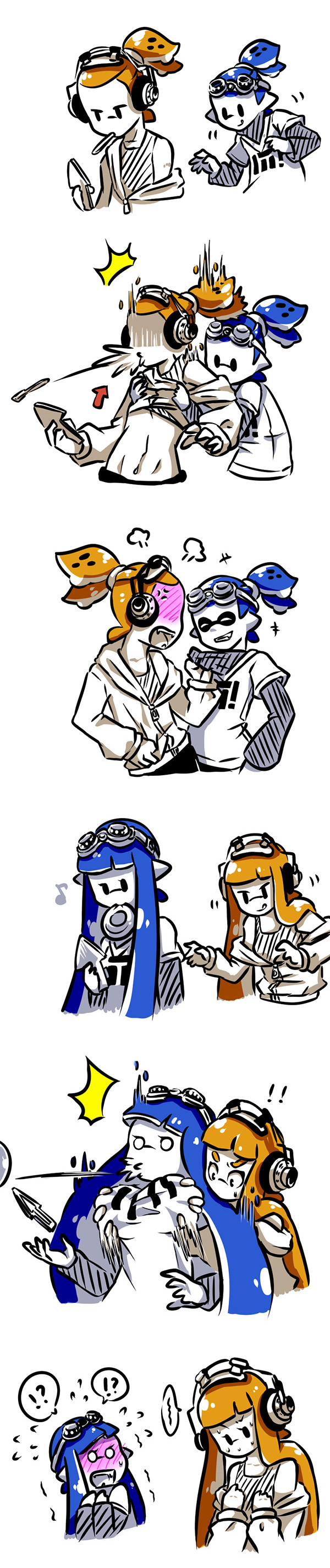 !? /\/\/\ 2boys 2girls :p absurdres angry bangs blue_hair blunt_bangs blush breast_grab breasts cellphone closed_eyes domino_mask donut_(zoza) embarrassed flying_sweatdrops fume genderswap genderswap_(ftm) genderswap_(mtf) goggles goggles_on_head grabbing grin headphones highres holding holding_cellphone holding_phone hood hoodie inkling long_hair long_image looking_at_another mask md5_mismatch medium_breasts mouth_hold multiple_boys multiple_girls musical_note navel o_o off_shoulder open_mouth orange_hair partially_colored phone pointy_ears print_shirt pudding_(zoza) quaver shirt shirt_grab short_hair signature smartphone smile splatoon spoken_interrobang spoken_squiggle squiggle standing stitched sweatdrop tall_image tank_top tentacle_hair tongue tongue_out topknot zoza