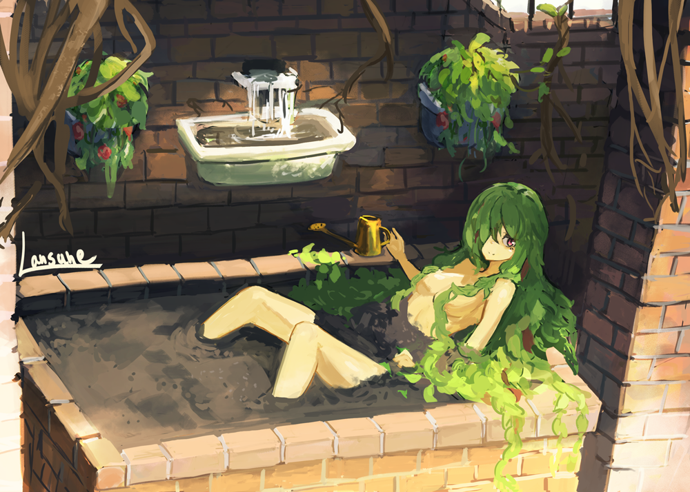 1girl artist_name breasts brick_wall brown_eyes commentary_request creeper dirt fountain green_hair hair_censor hair_over_one_eye lansane long_hair monster_girl original plant plant_girl planter sidelocks signature sitting small_breasts smile solo topless vines watering_can window