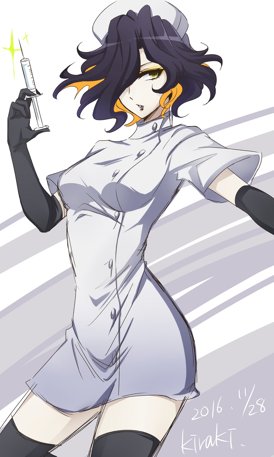 1girl artist_name black_gloves black_hair black_lipstick dated elbow_gloves eyeshadow gloves hair_over_one_eye hat highres kiraki leiur_darahim lipstick makeup multicolored_hair nurse nurse_cap orange_hair parted_lips senki_zesshou_symphogear solo syringe two-tone_hair