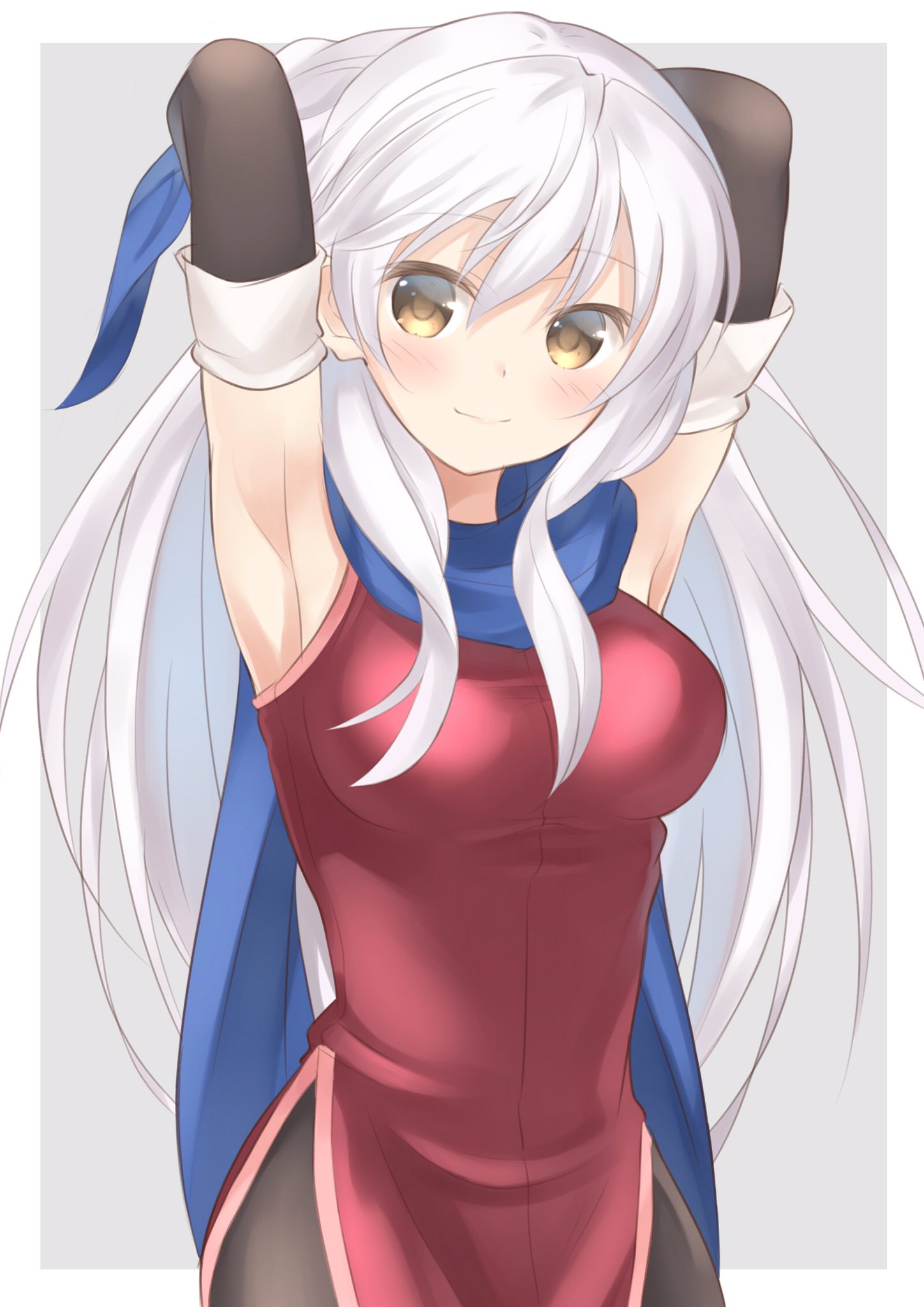 1girl adjusting_hair armpits arms_up artist_request bare_shoulders black_gloves blue_scarf blush breasts dress elbow_gloves fire_emblem fire_emblem:_akatsuki_no_megami gloves hair_ribbon half_updo highres long_hair micaiah ribbon scarf silver_hair simple_background sleeveless sleeveless_dress smile solo yellow_eyes