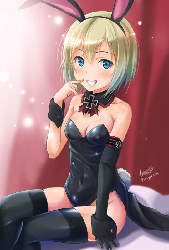 1girl animal_ears artist_name asymmetrical_gloves bangs bare_shoulders black_legwear black_leotard breasts bunny_tail bunnysuit cleavage coattails detached_collar elbow_gloves erica_hartmann fake_animal_ears fake_tail gloves grin haruhata_mutsuki iron_cross leotard looking_at_viewer rabbit_ears short_hair signature sitting small_breasts smile solo strapless strapless_leotard strike_witches tail thigh-highs twitter_username world_witches_series wrist_cuffs