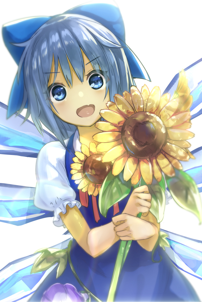 1girl :d blue_dress blue_eyes blue_hair bow cirno dress fang flower hair_bow hidden_star_in_four_seasons ice ice_wings looking_at_viewer minutachi open_mouth puffy_short_sleeves puffy_sleeves short_hair short_sleeves simple_background smile solo sunflower touhou white_background wings