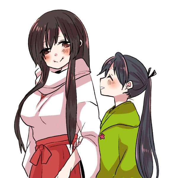 2girls akagi_(kantai_collection) bangs black_hair blue_hair blush breasts eyebrows eyebrows_visible_through_hair flower hair_between_eyes hair_ribbon houshou_(kantai_collection) japanese_clothes kantai_collection large_breasts locked_arms multiple_girls ponytail ribbon scarf simple_background smile straight_hair swept_bangs white_background yoichi_(umagoya)