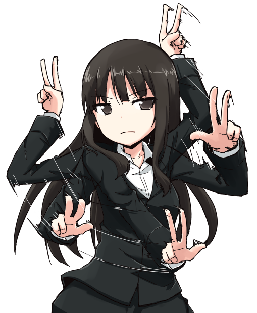 1girl bangs black_jacket black_pants blunt_bangs brown_eyes brown_hair closed_mouth commentary_request dress_shirt fighting_stance formal girls_und_panzer jacket kakizaki_(chou_neji) light_frown long_hair long_sleeves looking_at_viewer motion_lines nishizumi_shiho pant_suit pants shirt simple_background solo standing suit upper_body white_background white_shirt