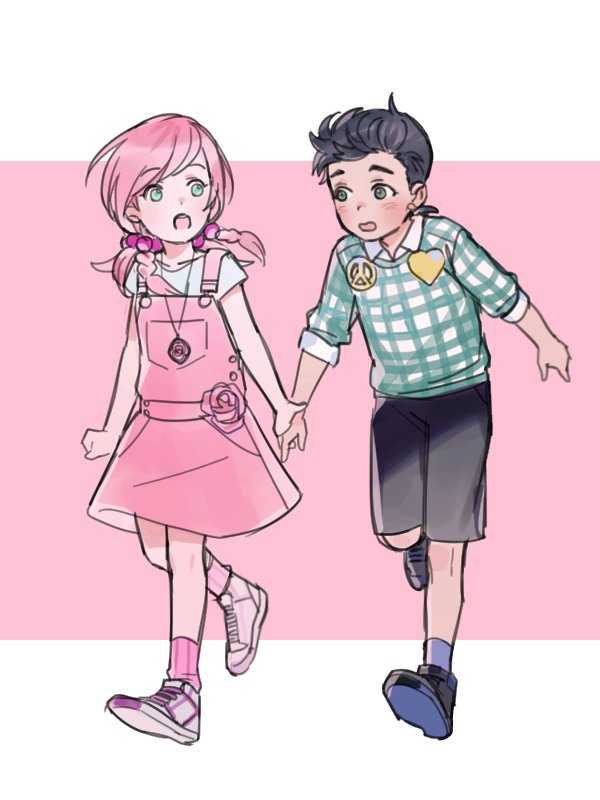 1boy 1girl aqua_eyes black_hair blue_eyes blush braid flower hair_bobbles hair_ornament hand_holding heart hirose_yasuho jojo_no_kimyou_na_bouken jojolion kuujou_josefumi looking_at_another open_mouth overall_skirt peace_symbol pink_hair plaid plaid_shirt reammara shirt shoes short_hair shorts sneakers socks twin_braids walking younger