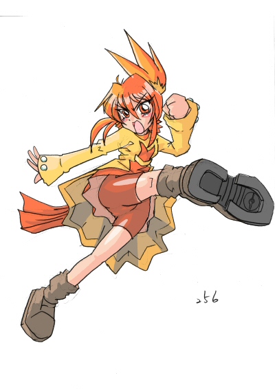 &gt;:o 1girl :o bangs bike_shorts blonde_hair blush boots breasts brown_boots clenched_hand combusken dress eyebrows_visible_through_hair eyelashes eyes_visible_through_hair folded_ponytail full_body hair_between_eyes jacket kicking kneepits long_sleeves mamecho_(ageatcosh) multicolored_hair number open_clothes open_jacket orange_dress orange_eyes orange_hair personification pokemon pokemon_(game) pokemon_oras pokemon_rse pose short_dress short_hair sidelocks simple_background sleeves_past_wrists small_breasts solo tongue tsurime two-tone_hair upskirt white_background yellow_jacket