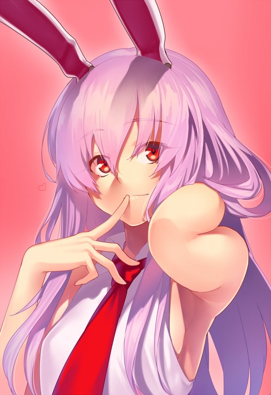 1girl animal_ears armpits bangs bare_arms bare_shoulders breasts closed_mouth finger_to_mouth kaiza_(rider000) lavender_hair long_hair looking_at_viewer medium_breasts necktie rabbit_ears red_eyes red_necktie reisen_udongein_inaba shirt sideboob sleeveless sleeveless_shirt smile solo touhou upper_body white_shirt