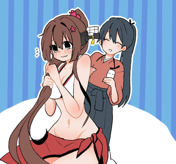 2girls alternate_costume bangs bare_shoulders blue_hair blush brown_hair cherry_blossoms closed_eyes flower flying_sweatdrops hair_between_eyes hair_flower hair_ornament hair_ribbon hakama_skirt headgear houshou_(kantai_collection) japanese_clothes kantai_collection long_hair midriff multiple_girls navel ponytail ribbon smile swept_bangs swimsuit tasuki very_long_hair yamato_(kantai_collection) yoichi_(umagoya)