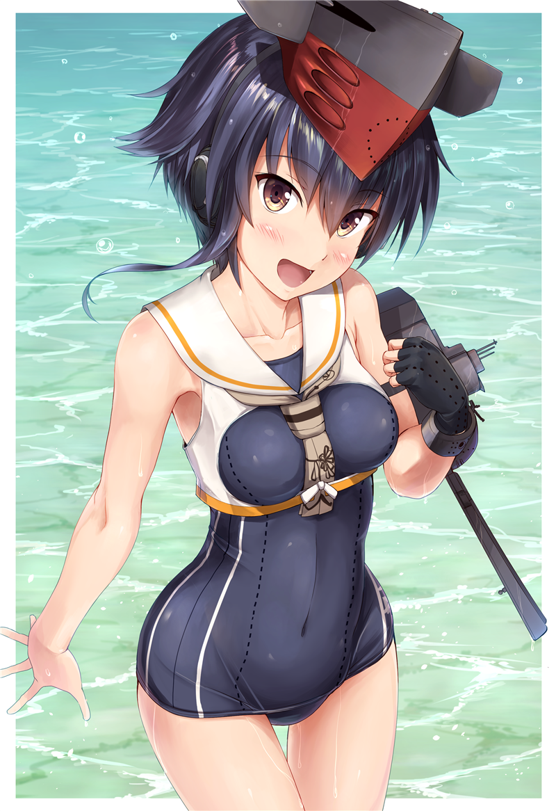 1girl bare_shoulders between_breasts black_gloves black_hair blush breasts brown_eyes collarbone commentary_request covered_navel eyebrows_visible_through_hair fingerless_gloves framed_breasts from_above gloves hair_between_eyes hat headgear headphones i-14_(kantai_collection) ichikawa_feesu kantai_collection looking_at_viewer medium_breasts ocean open_mouth outside_border raised_fist sailor_collar school_swimsuit short_hair single_glove smile solo swimsuit swimsuit_pull wet white_border