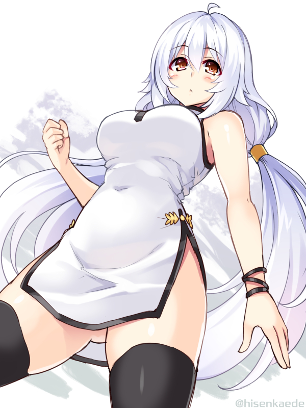 1girl ahoge black_legwear breasts brown_eyes covered_navel cu-no dress dutch_angle from_below gluteal_fold hair_between_eyes hisenkaede large_breasts looking_at_viewer low_twintails rapua_qive short_dress side_slit silver_hair solo thigh-highs twintails white_dress wristband