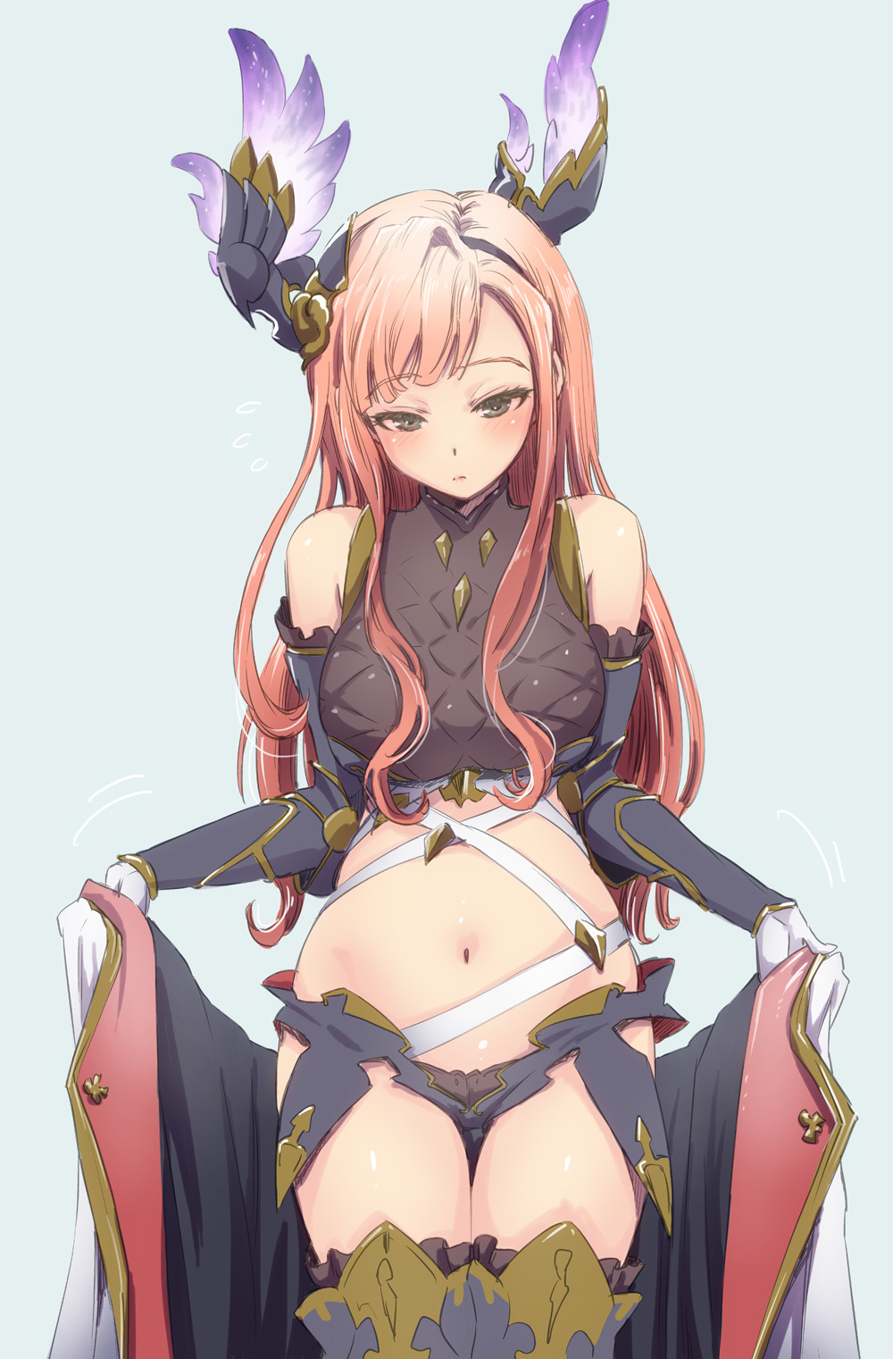 1girl bangs blush breasts brown_hair cape cowboy_shot crop_top detached_sleeves elbow_gloves gloves granblue_fantasy green_eyes head_wings highres long_hair looking_at_viewer medium_breasts midriff navel nokinhizadati parted_lips song_(granblue_fantasy) swept_bangs thigh-highs thighs tsurime white_gloves
