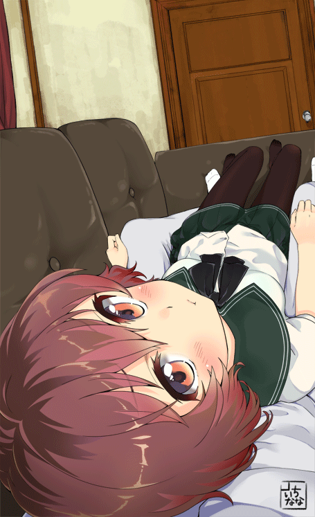 1boy 1girl :t admiral_(kantai_collection) animated animated_gif black_legwear blush breasts brown_eyes brown_hair closed_eyes couch door green_skirt kantai_collection looking_at_viewer looking_back lying lying_on_person military military_uniform mokyutan mutsuki_(kantai_collection) naval_uniform neckerchief office on_back one_eye_closed pantyhose petting pleated_skirt school_uniform serafuku short_hair short_sleeves skirt small small_breasts smile uniform