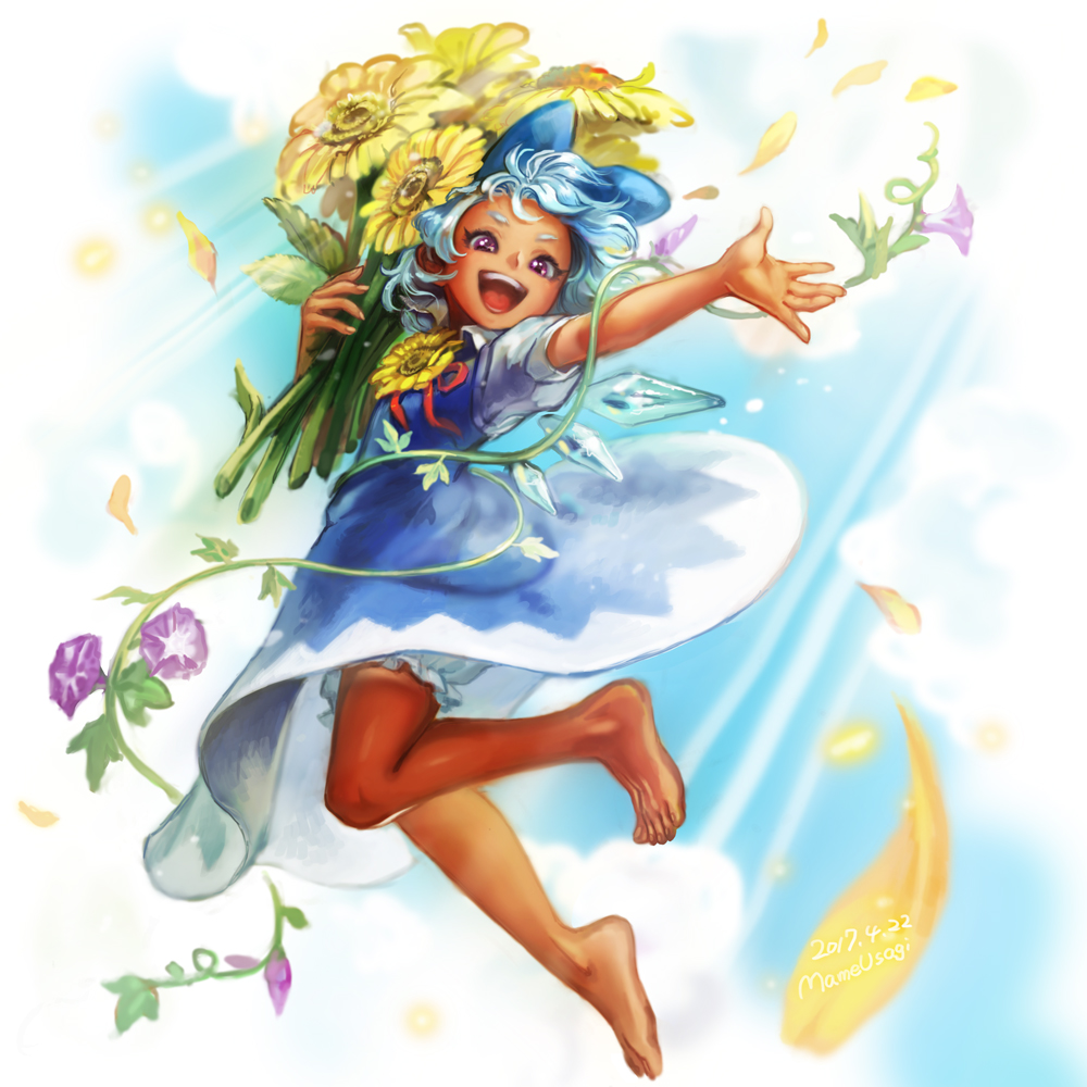 artist_name barefoot blue_bow blue_dress blue_eyes blue_hair bow cirno dated dress feet flower hidden_star_in_four_seasons holding holding_flower ice ice_wings leaf mame_usagi open_mouth plant short_eyebrows smile sunflower tan thick_eyebrows throwing touhou vines wings