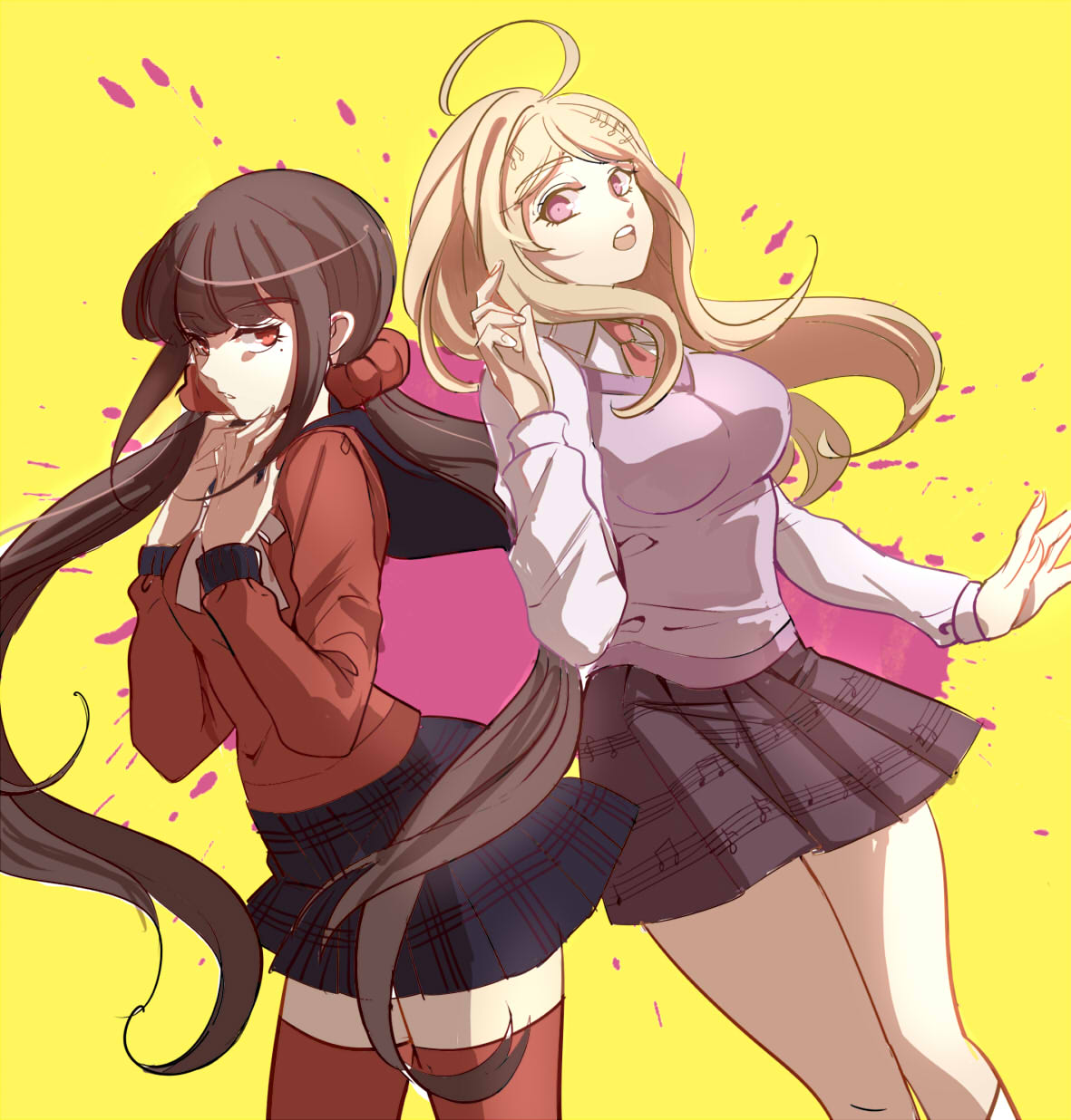 2girls ahoge akamatsu_kaede blonde_hair brown_hair dangan_ronpa hair_ornament hair_scrunchie harukawa_maki highres low_twintails mole mole_under_eye multiple_girls musical_note_hair_ornament necktie new_dangan_ronpa_v3 open_mouth plaid plaid_skirt pleated_skirt pony_(ponyco) red_eyes red_legwear school_uniform scrunchie serafuku skirt sweater_vest thigh-highs twintails violet_eyes