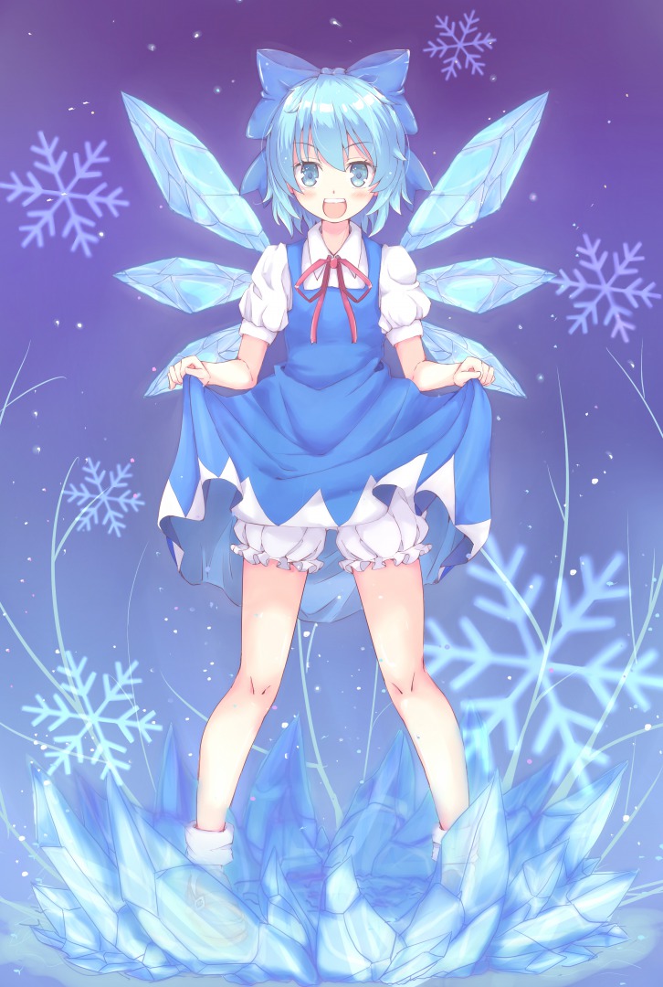 1girl :d bloomers blue_dress blue_eyes blue_hair blush bow cirno dress dress_lift eclair_(ekreatan) full_body hair_bow ice ice_wings looking_at_viewer open_mouth puffy_short_sleeves puffy_sleeves red_ribbon ribbon short_hair short_sleeves smile snowflakes socks solo teeth touhou underwear wings