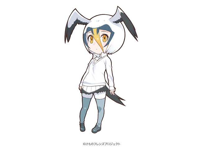 1girl :| arms_at_sides bird_tail bird_wings black_skirt blue_hair blush chibi closed_mouth collar collared_shirt copyright_name dot_nose expressionless eyelashes full_body gradient_hair grey_legwear grey_shoes hair_between_eyes head_wings kemono_friends loafers long_sleeves looking_at_viewer masked_booby_(kemono_friends) multicolored multicolored_clothes multicolored_hair multicolored_skirt necktie orange_eyes orange_hair pantyhose pantyhose_under_shorts pleated_skirt shirt shoes short_hair shorts shorts_under_skirt simple_background skirt sleeve_cuffs solo standing sweater tail white_background white_hair white_shirt white_shorts white_skirt white_sweater wing_collar wings yoshizaki_mine