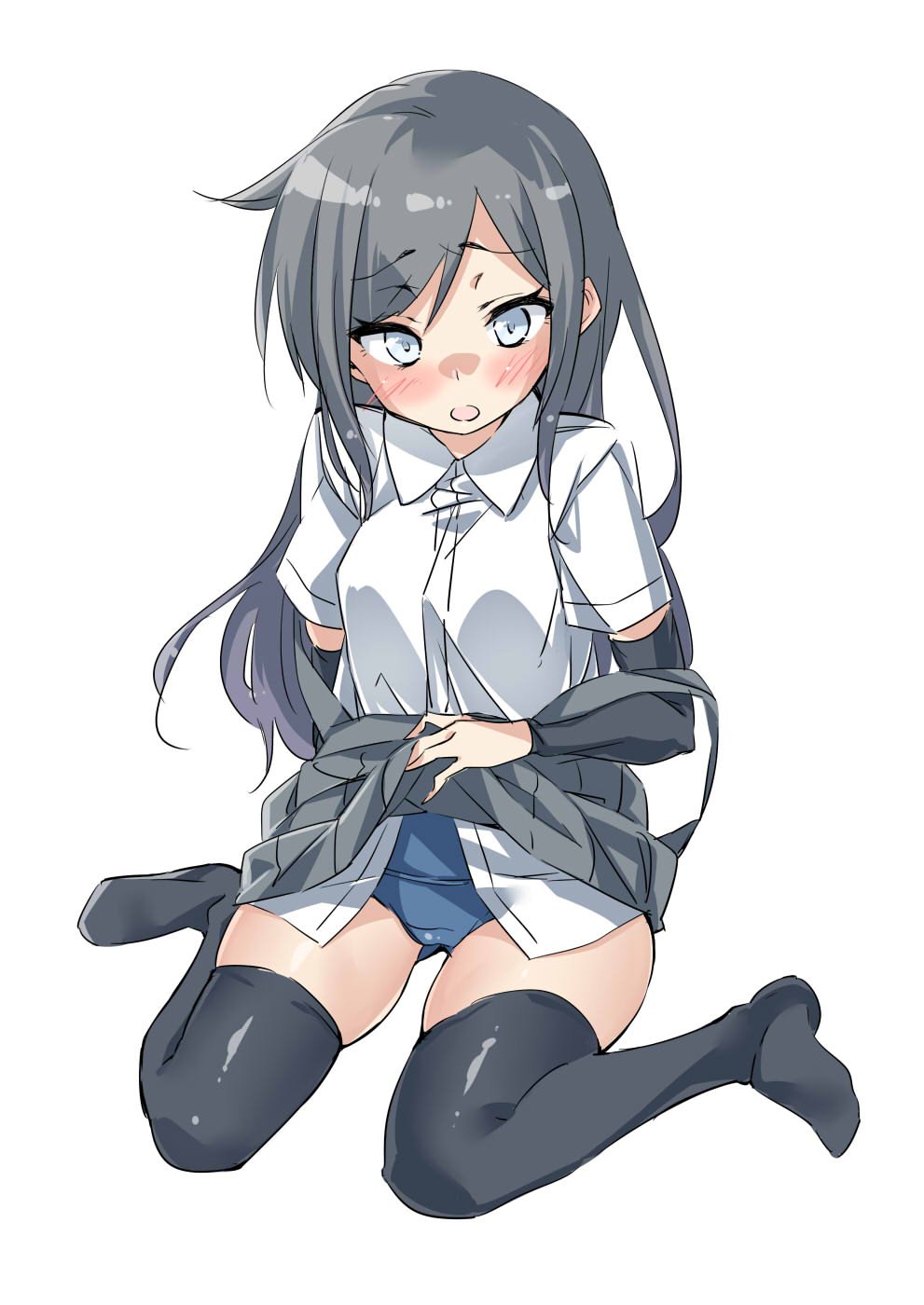 1girl arm_warmers asashio_(kantai_collection) bangs black_hair black_legwear black_skirt blue_eyes blush collared_shirt ebifurya eyebrows_visible_through_hair full_body gluteal_fold highres kantai_collection lifted_by_self long_hair looking_at_viewer no_shoes off_shoulder open_mouth pleated_skirt school_swimsuit shirt short_sleeves sidelocks simple_background sitting skirt skirt_lift solo suspender_skirt suspenders swimsuit swimsuit_under_clothes thigh-highs wariza white_background white_shirt