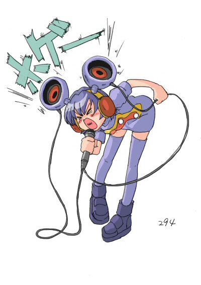 &gt;_&lt; 1girl ass bangs bent_over breasts buttons closed_eyes dress earmuffs eyebrows_visible_through_hair full_body hair_between_eyes headphones holding holding_microphone leaning_forward loudred mamecho_(ageatcosh) microphone music number open_mouth personification pokemon pokemon_(game) pokemon_oras pokemon_rse purple_dress purple_hair purple_legwear purple_shoes shoes short_dress short_hair short_sleeves simple_background singing small_breasts solo speaker standing text thigh-highs tongue white_background zettai_ryouiki