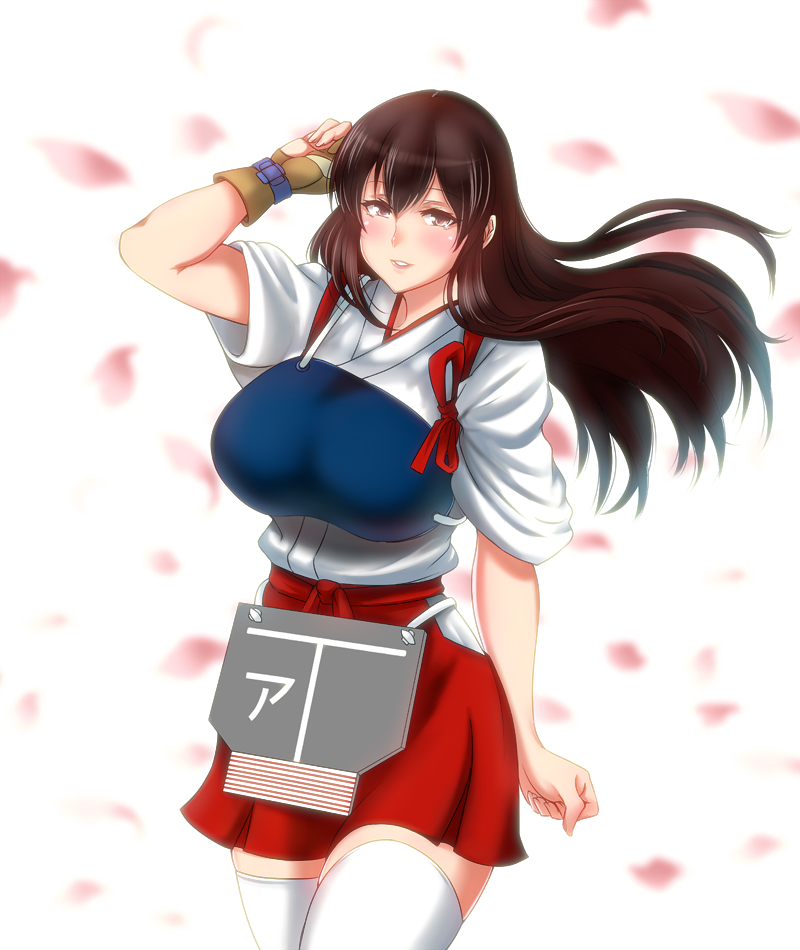 1girl akagi_(kantai_collection) black_hair blurry blush breasts brown_eyes cowboy_shot depth_of_field flight_deck floating_hair gloves hakama_skirt hip_vent huge_breasts japanese_clothes kantai_collection kashiru long_hair looking_at_viewer muneate parted_lips partly_fingerless_gloves petals red_skirt sidelocks skirt smile solo tasuki yugake