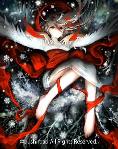 1girl barefoot breasts cardfight!!_vanguard cleavage company_name cosmetic_snowfall_shirayuki feathered_wings feathers full_body hair_between_eyes isaki_uta japanese_clothes kimono long_hair looking_at_viewer multicolored_hair official_art pale_skin redhead silver_hair small_breasts smile snowflakes solo two-tone_hair wings yellow_eyes