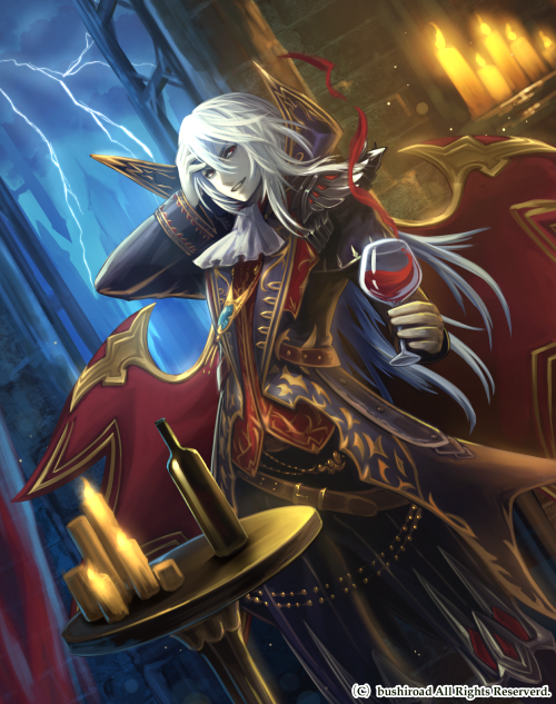 1boy bottle candle cardfight!!_vanguard company_name cup doppel_vampir drinking_glass electricity kazto_furuya long_hair male_focus night official_art pale_skin red_eyes solo teeth white_hair