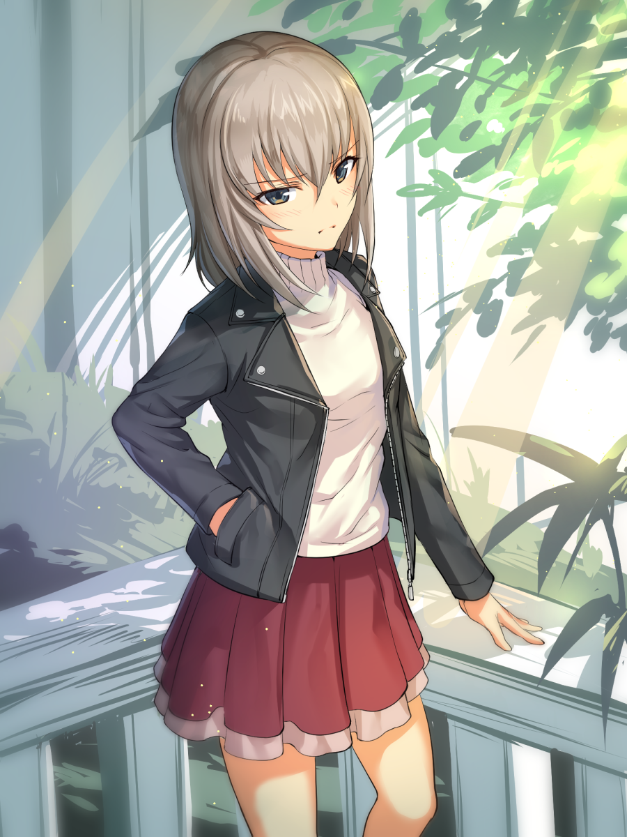 1girl alternate_costume arm_support black_jacket blue_eyes blurry casual contemporary cowboy_shot depth_of_field girls_und_panzer highres ikomochi itsumi_erika jacket long_hair looking_at_viewer miniskirt red_skirt silver_hair skirt sweater turtleneck turtleneck_sweater white_sweater