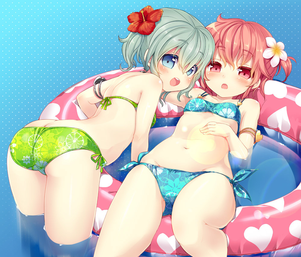 2girls :o afloat alternate_hairstyle armlet ass back bent_over bikini blue_background blue_bikini blue_eyes blush butt_crack colored_eyelashes commentary_request floral_print flower from_behind gradient gradient_background green_bikini green_hair hair_flower hair_ornament heart heart_print hibiscus innertube komeiji_koishi komeiji_satori looking_at_viewer looking_back midriff minamura_haruki multiple_girls navel open_mouth partially_submerged pink_hair plumeria polka_dot polka_dot_background red_eyes short_hair siblings side-tie_bikini side_ponytail sisters smile swimsuit touhou water