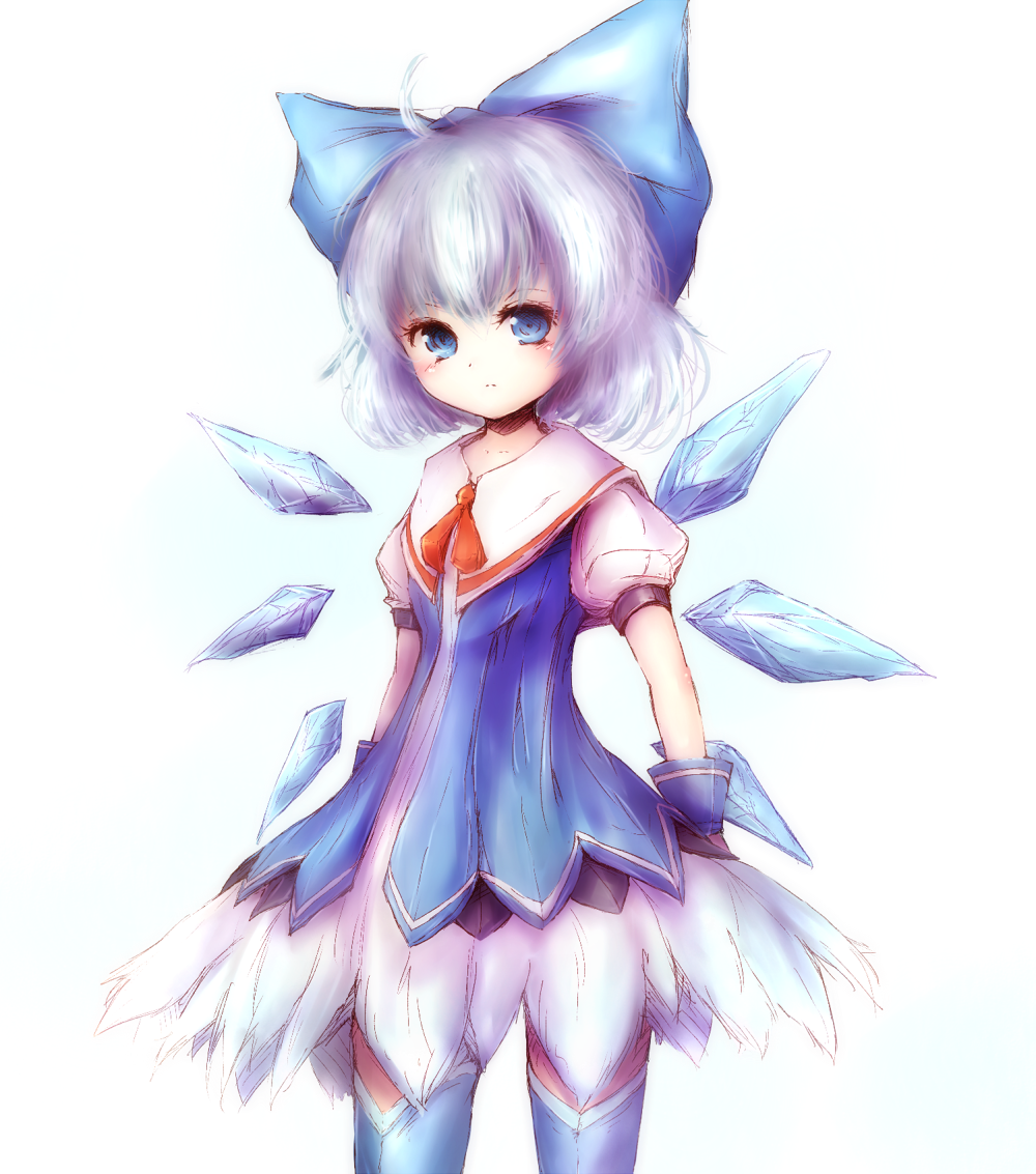 1girl adapted_costume ahoge amanojaku blue_eyes blush bow cirno dress expressionless feather_skirt hair_bow ice ice_wings large_bow looking_at_viewer puffy_short_sleeves puffy_sleeves short_sleeves silver_hair solo thigh-highs touhou wings zettai_ryouiki