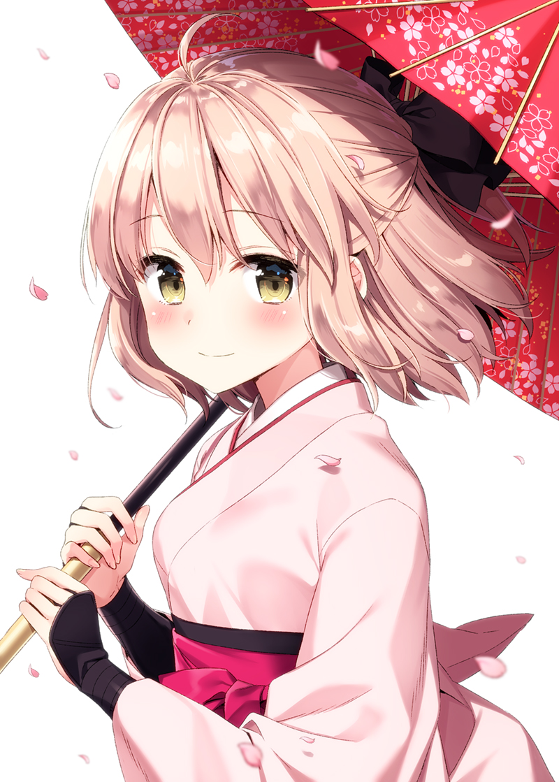 1girl ahoge black_bow black_gloves blush bow cherry_blossoms cowboy_shot fate_(series) fingerless_gloves flower gloves hair_bow holding holding_umbrella japanese_clothes kimono koha-ace looking_at_viewer masuishi_kinoto obi oriental_umbrella petals sakura_saber sash smile solo umbrella upper_body