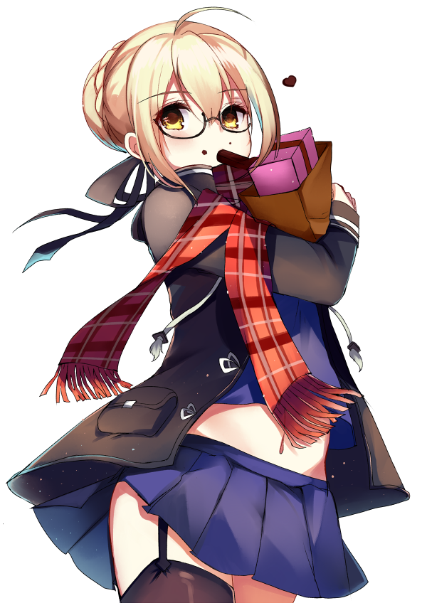 1girl ahoge bangs black_legwear black_ribbon blonde_hair blush braid chocolate chocolate_on_face closed_mouth coat cowboy_shot crop_top crop_top_overhang duffel_coat eyebrows_visible_through_hair fate/grand_order fate_(series) food food_on_face french_braid fringe garter_straps hair_between_eyes hair_bun hair_ribbon heart heroine_x heroine_x_(alter) holding_bag looking_at_viewer navel open_clothes open_coat plaid plaid_scarf red_scarf ribbon ry_thae saber scarf sidelocks simple_background solo thigh-highs white_background yellow_eyes