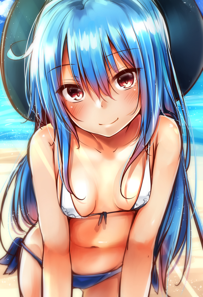 1girl bare_shoulders beach bikini blue_bikini blue_hair blush breasts closed_mouth collarbone commentary_request day eyebrows eyebrows_visible_through_hair front-tie_bikini front-tie_top hair_between_eyes hat head_tilt highres hinanawi_tenshi leaning_forward long_hair looking_at_viewer navel outdoors red_eyes sand sketch small_breasts smile solo standing swimsuit tan touhou water white_bikini yuhito_(ablbex)