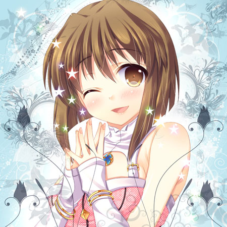 1girl blush brown_eyes brown_hair eyebrows_visible_through_hair green_background hagiwara_yukiho hands_together idolmaster looking_at_viewer lowres mitsumomo_mamu one_eye_closed open_mouth smile solo