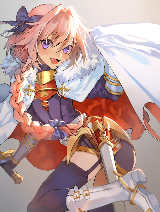 1boy black_legwear braid cape fang fate/apocrypha fate/grand_order fate_(series) garter_straps hair_ribbon long_hair looking_at_viewer open_mouth otuming pink_hair ribbon rider_of_black single_braid smile solo thigh-highs trap violet_eyes