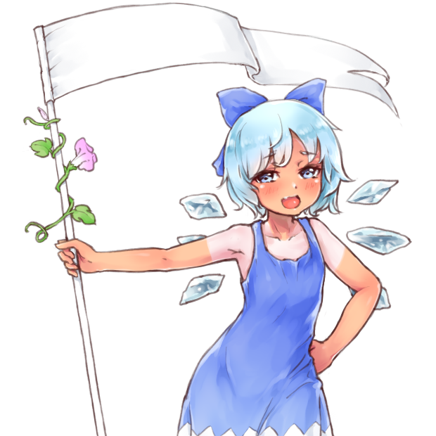 1girl blue_dress blue_eyes blue_hair blush cirno dress fang flag flower hair_ribbon hidden_star_in_four_seasons ice ice_wings laoism open_mouth plant ribbon short_hair simple_background sleeveless sleeveless_dress smile solo tan tanline tongue touhou vines white_background wings