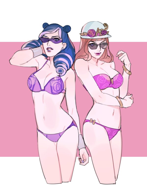 2girls adjusting_hair arm bandeau bare_arms bare_legs bare_shoulders bikini blue_eyes blue_hair bracelet breasts brown_hair cleavage closed_mouth cowboy_shot double_bun drill_hair female floral_print flower hand_in_hair hat hat_flower higashikata_kato holly_joestar-kira jewelry jojo_no_kimyou_na_bouken jojolion legs lips lipstick long_hair looking_at_viewer makeup medium_breasts midriff multiple_girls navel one_eye_covered parted_lips pink_bikini pink_eyes pink_lipstick pink_swimsuit purple_bikini purple_lipstick purple_swimsuit reammara side-by-side sketch smile standing strapless strapless_bikini strapless_swimsuit sunglasses swimsuit twin_drills wristband
