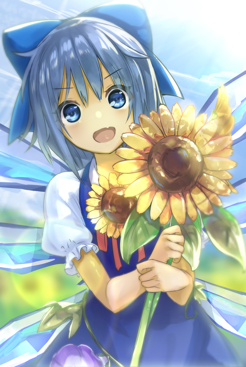 1girl :d blue_dress blue_eyes blue_hair bow cirno dress fang flower hair_bow hidden_star_in_four_seasons ice ice_wings looking_at_viewer minutachi open_mouth puffy_short_sleeves puffy_sleeves short_hair short_sleeves smile solo sunflower touhou wings