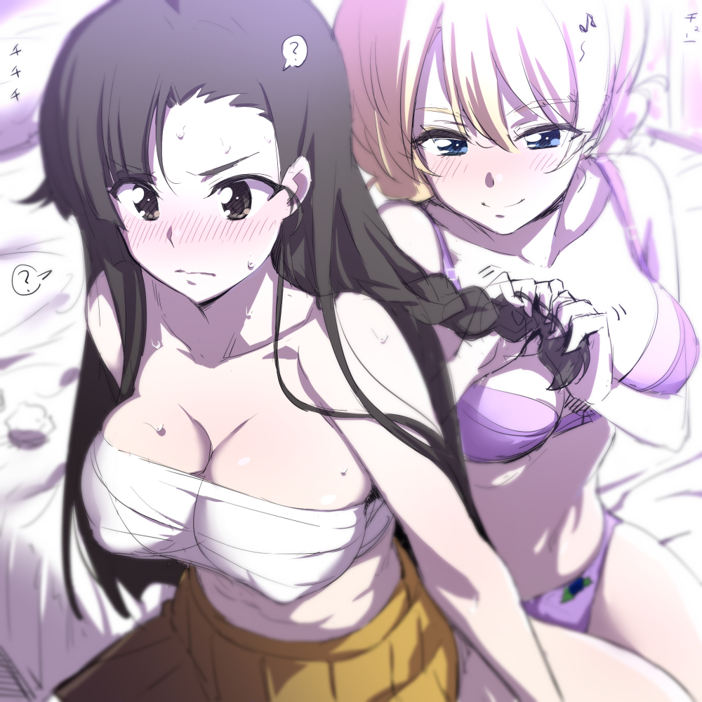 2girls ? adjusting_hair bangs bare_arms bare_shoulders black_eyes black_hair blonde_hair blue_eyes blush bra braiding_hair breasts brown_skirt cleavage collarbone darjeeling girls_und_panzer hair_between_eyes hairdressing large_breasts long_hair multiple_girls musical_note nakahira_guy nishi_kinuyo nose_blush on_bed panties pleated_skirt purple_bra purple_panties sarashi sitting skirt smile spoken_question_mark sweat sweating underwear underwear_only used_tissue