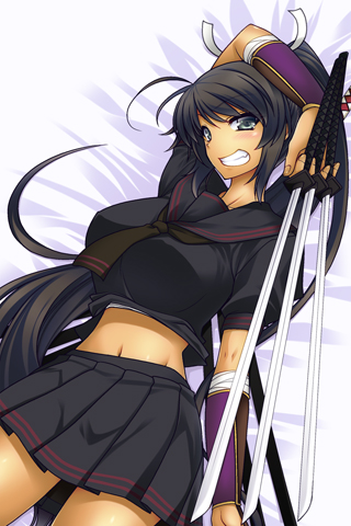 1girl ahoge arm_up armor bangs black_eyes black_hair black_serafuku black_skirt blush breasts grin groin hair_ribbon holding holding_sword holding_weapon homura_(senran_kagura) japanese_armor katana kote large_breasts long_hair looking_at_viewer lowres miniskirt miyashiro_sousuke navel neckerchief pleated_skirt ponytail puffy_short_sleeves puffy_sleeves ribbon school_uniform senran_kagura senran_kagura_(series) serafuku short_sleeves skirt smile solo stomach sword very_long_hair weapon white_ribbon