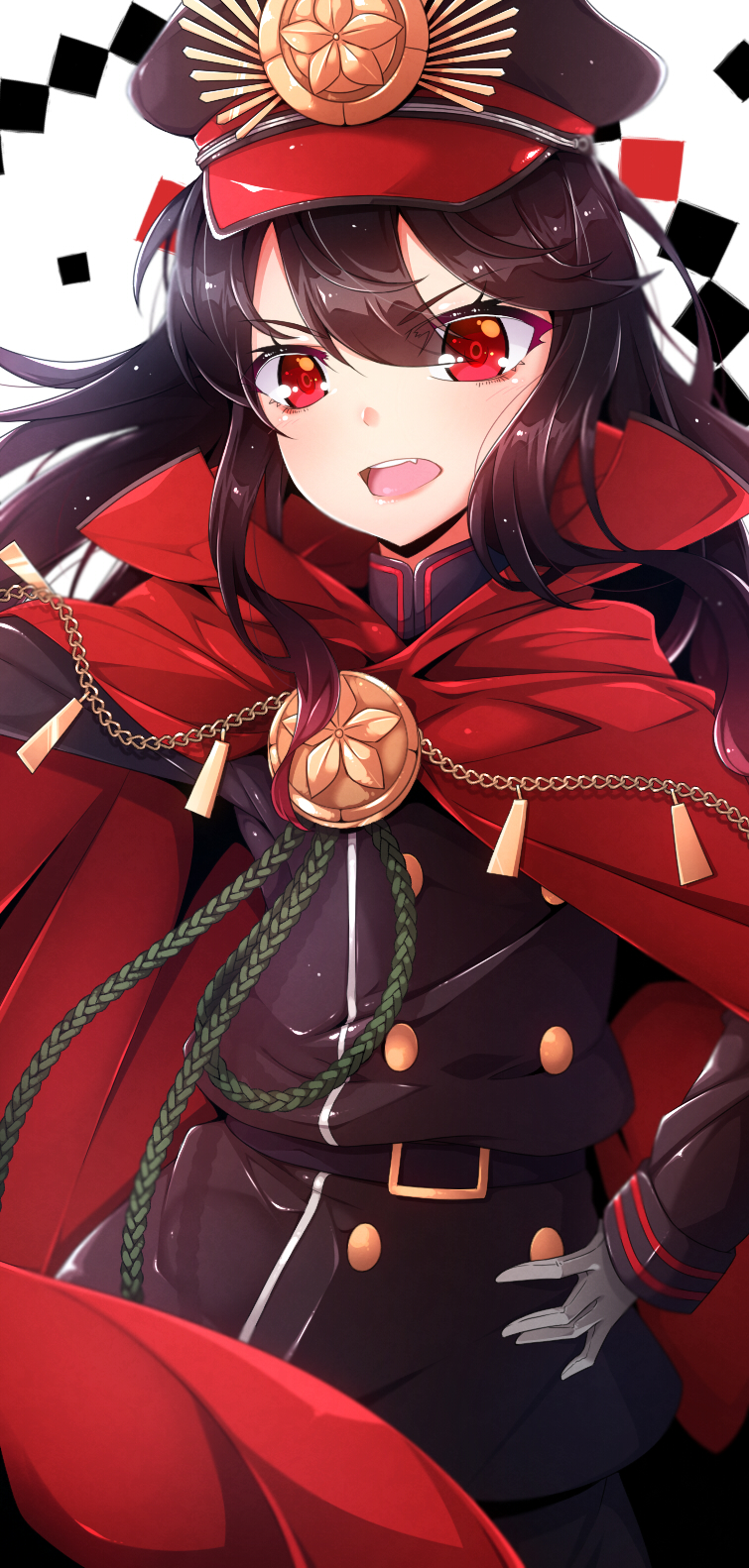 1girl bangs black_hair cloak cowboy_shot demon_archer double-breasted eyebrows_visible_through_hair fate_(series) floating_hair hand_on_hip hat highres koha-ace long_hair military military_hat military_uniform open_mouth outstretched_arm peaked_cap red_eyes ripe.c solo teeth uniform