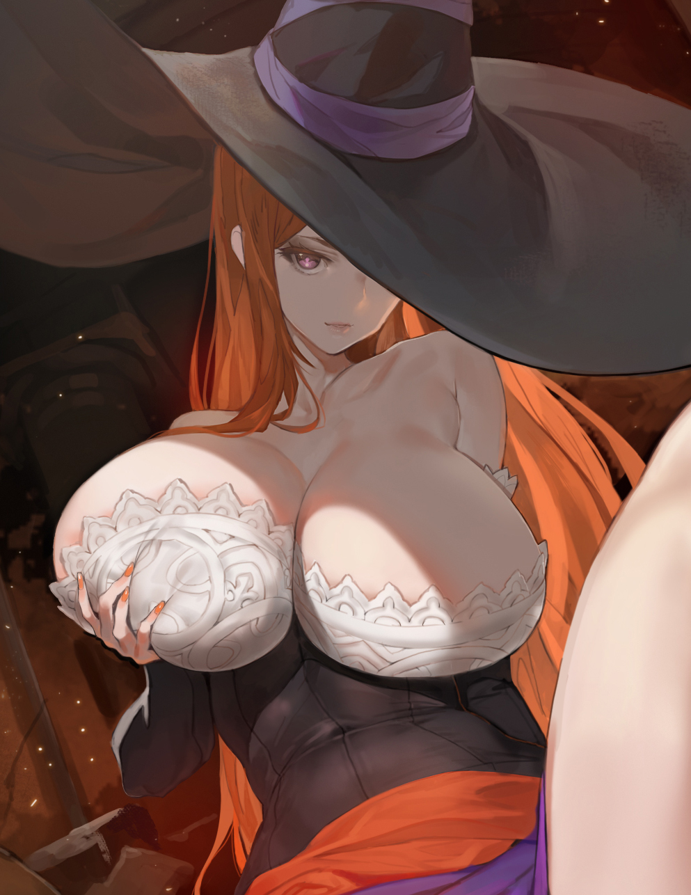 1girl bare_shoulders breast_grab breasts brown_hair cleavage detached_sleeves dragon's_crown dress eyebrows eyelashes female grabbing hat highres huge_breasts large_breasts long_hair looking_at_viewer nail_polish orange_hair pink_eyes self_fondle sitting smile solo sorceress_(dragon's_crown) spread_legs strapless strapless_dress thighs witch_hat yang-do