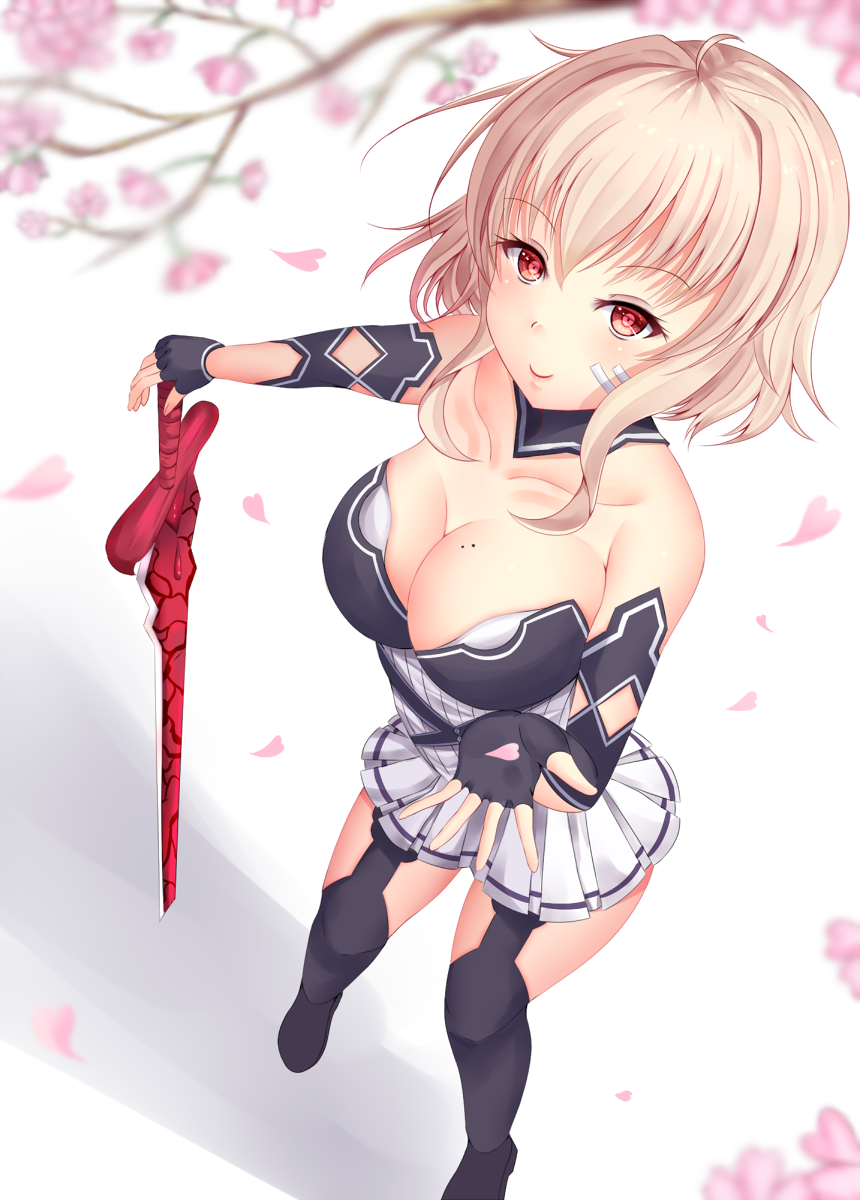 1girl bad_perspective bare_shoulders black_legwear blonde_hair blurry breasts cherry_blossoms cleavage closed_mouth collarbone detached_sleeves garter_belt highres large_breasts looking_at_viewer mole mole_on_breast petals pleated_skirt red_eyes shiro_usagi short_hair skirt smile solo standing strapless strea sword sword_art_online weapon white_skirt