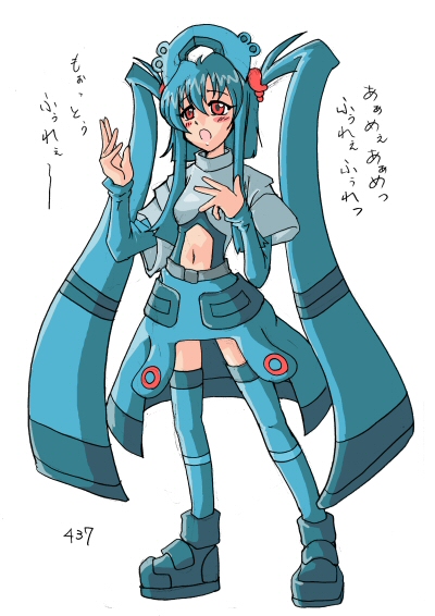 1girl :o bangs blue blue_hair blue_legwear blue_shirt blue_shoes blue_skirt blush breasts bronzong crop_top eyebrows_visible_through_hair eyelashes facing_viewer full_body grey_shirt hair_between_eyes hand_on_own_chest long_hair long_sleeves looking_away looking_up mamecho_(ageatcosh) miniskirt navel navel_cutout number open_mouth personification pokemon pokemon_(game) pokemon_dppt red_eyes shirt shoes short_sleeves simple_background skirt sleeves_past_wrists small_breasts solo standing tareme text thigh-highs tiara translated turtleneck twintails undershirt very_long_hair white_background wide_sleeves zettai_ryouiki