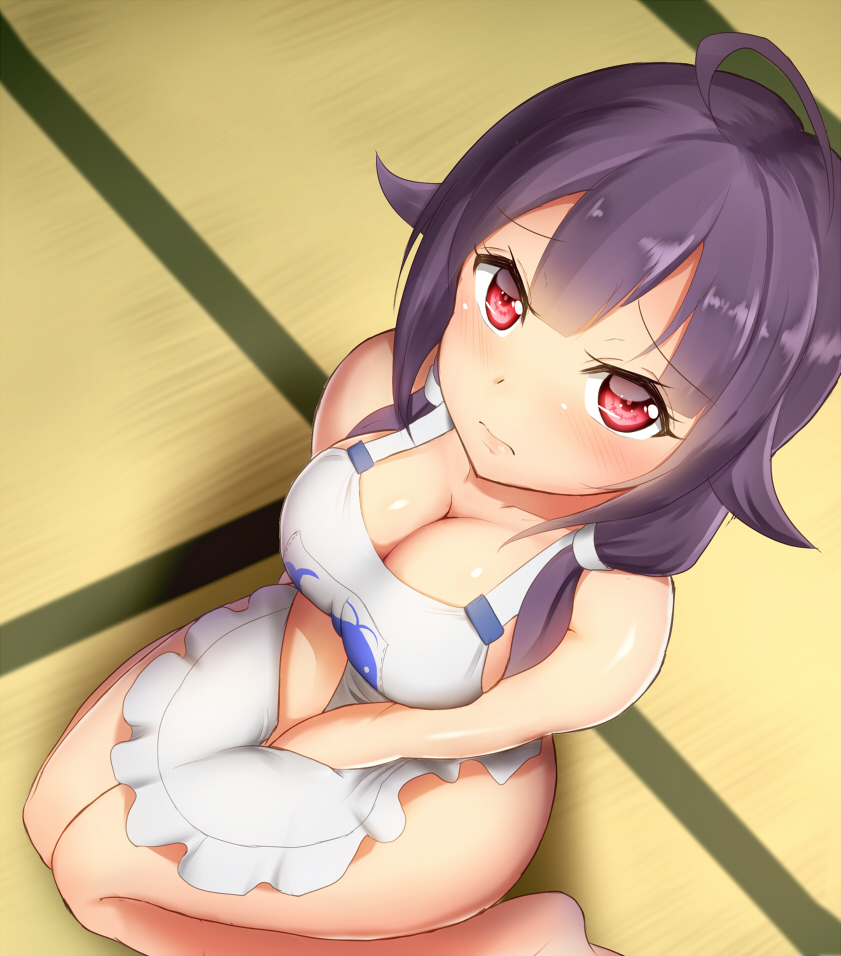 1girl ahoge angry apron bare_legs bare_shoulders blush breasts cleavage hair_flaps kantai_collection looking_at_viewer looking_up low_twintails magatama maku_ro medium_breasts naked_apron purple_hair red_eyes sitting sketch solo taigei_(kantai_collection) tatami twintails wariza whale
