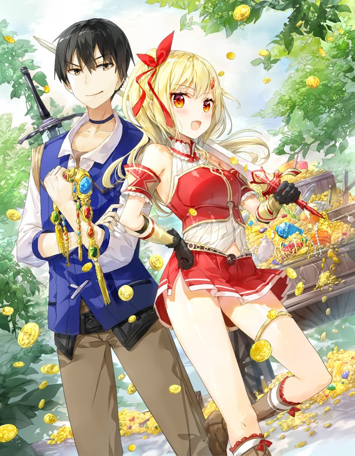 1boy 1girl :d armband black_gloves black_hair blonde_hair blue_sky braid brown_eyes brown_hair brown_legwear brown_pants brown_shoes character_request choker coin copyright_request eyebrows_visible_through_hair fuumi_(radial_engine) gem gloves gold hair_ribbon hand_on_hip holding holding_sword holding_weapon jewelry kneehighs legband looking_at_viewer necklace open_mouth outdoors over_shoulder pants red_eyes red_ribbon red_skirt ribbon shoes skirt sky smile smirk socks standing sword treasure treasure_chest tree weapon yellow_eyes
