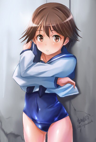 1girl bangs blouse blue_neckerchief blue_swimsuit brown_hair cowboy_shot haruhata_mutsuki long_sleeves looking_at_viewer military military_uniform miyafuji_yoshika neckerchief no_pants parted_lips school_swimsuit school_uniform shirt_lift short_hair solo standing strike_witches swimsuit uniform white_blouse world_witches_series