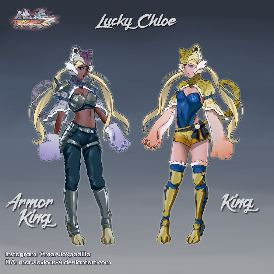 2girls animal_hood armor_king armor_king_(cosplay) blue_eyes breasts cleavage cosplay dark_skin dual_persona faulds full_body gloves greaves highleg highleg_leotard hood jaguar_print king_(tekken) king_(tekken)_(cosplay) knee_pads leotard lucky_chloe marvin_padilla_manguilimotan medium_breasts midriff multiple_girls pauldrons paw_gloves paws spikes tail tekken tekken_7 watermark web_address