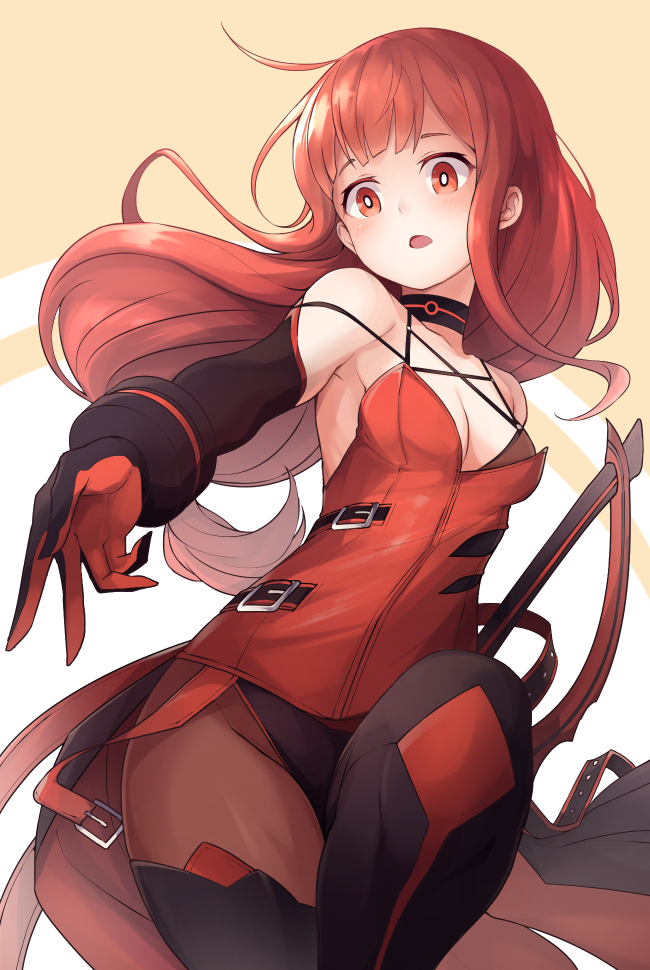 1girl bare_shoulders black_gloves black_legwear breasts character_check cleavage crimson_avenger_(elsword) detached_sleeves elbow_gloves elesis_(elsword) elsword from_below gloves long_hair looking_at_viewer low-tied_long_hair medium_breasts nishino_(waero) open_mouth pantyhose red_eyes red_legwear redhead solo sword thigh-highs weapon white_pupils