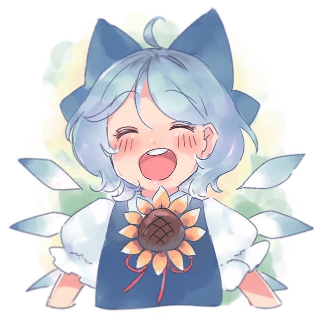 1girl :d ^_^ ahoge blue_hair blush bow cirno closed_eyes commentary facing_viewer flower hair_bow hidden_star_in_four_seasons ice ice_wings open_mouth puffy_short_sleeves puffy_sleeves round_teeth short_hair short_sleeves smile solo sunflower teeth touhou upper_body vanilla_(miotanntann) wings