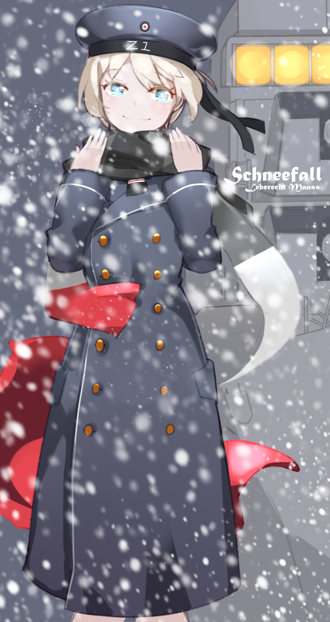 1girl aosora_kamiya blonde_hair blue_eyes coat double-breasted german hat highres kantai_collection looking_at_viewer sailor_hat scarf short_hair snowing solo translated winter_clothes winter_coat z1_leberecht_maass_(kantai_collection)